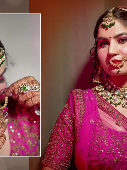 A close-up bridal beauty shot featured in a custom album layout, focusing on makeup and jewelry.