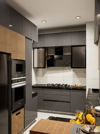 This render highlights a breakfast bar with integrated open shelving, providing both display space and easy-access storage for everyday items.