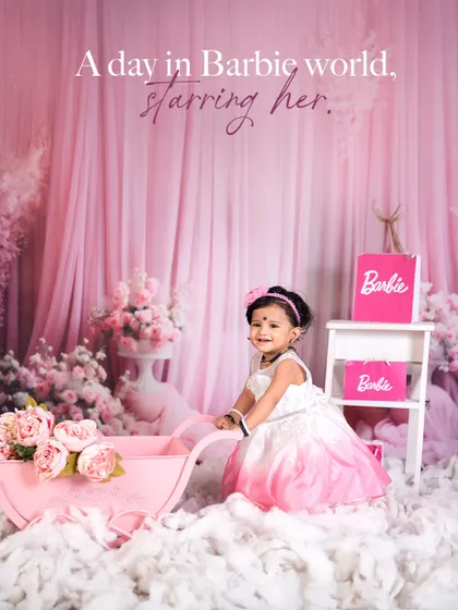 Welcome to a Barbie world, where dreams are dressed in pink! This themed photoshoot is perfect for your little princess, with a dreamy backdrop of flowers and clouds to make her feel like the star of her own fairytale.