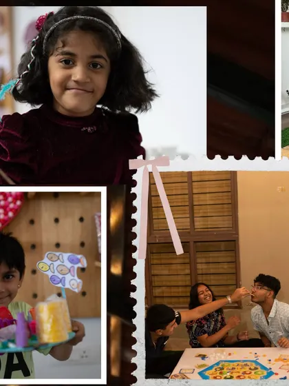 A collection of moments from the studio, showing kids proudly displaying their art and a family sharing a snack. It's a place for creativity and connection at every age.