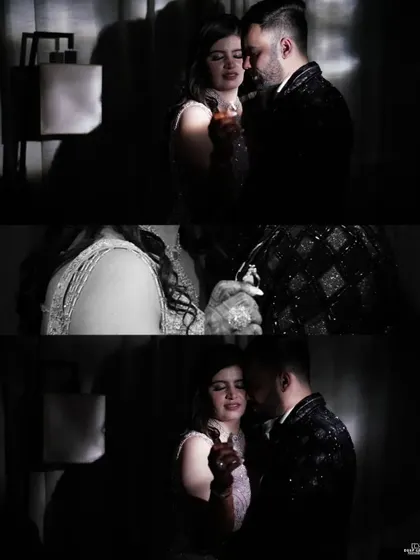An artistic, low light collage of the couple sharing an intimate dance, focusing on their connection and the moody atmosphere.
