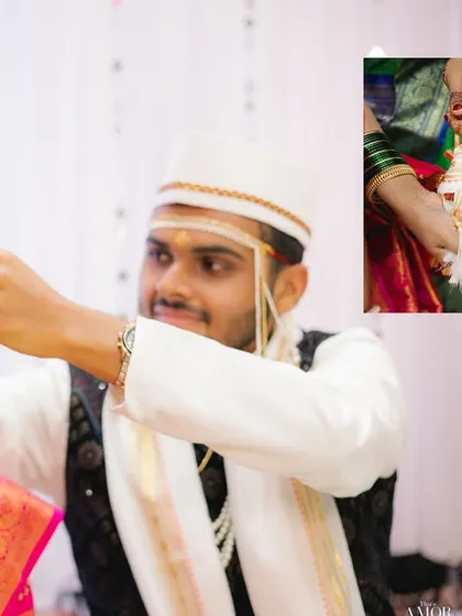 A collage capturing key moments from a Maharashtrian wedding ceremony. It shows the groom adjusting the bride's mundavalya and other traditional rituals, telling the story of the day.