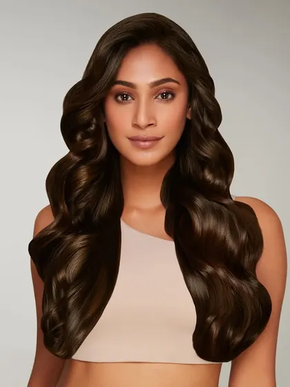 A studio portrait for BBlunt, showcasing perfectly styled, long wavy hair. This image is a key visual used in packaging and advertising, focusing entirely on the aspirational result of using the brand's hair products.