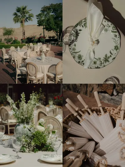 A collection of decor details from Nita and Navi's Sikh wedding in California, showcasing the elegant table settings, floral centerpieces, and thoughtful guest amenities like paper umbrellas.