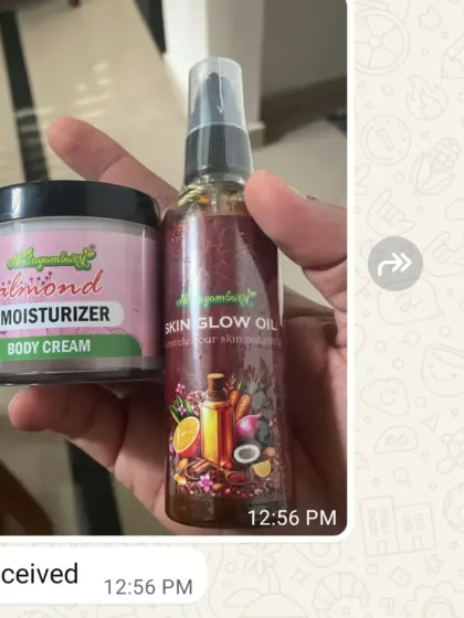 A customer sent this photo after receiving their Almond Moisturizer and Skin Glow Oil. It makes me so happy to see you excited about your Neelayambary products.