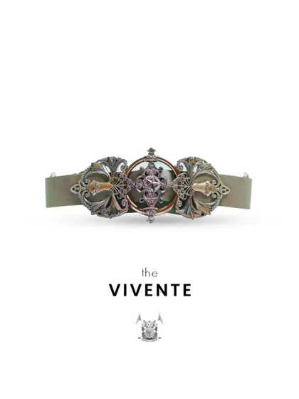 This is the 'Vivente' belt, meaning 'alive'. The intricate metalwork on this custom belt is designed to bring life and effortless elegance to any look.
