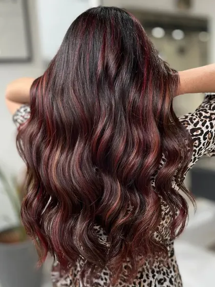 Life is better with balayage highlights, especially when they are a beautiful, rich red.