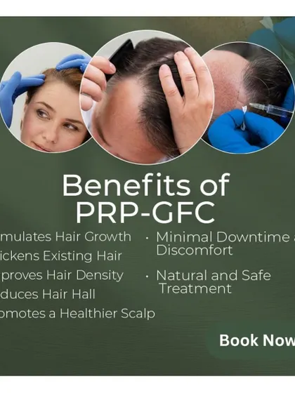I believe in clear, tangible benefits. This graphic outlines what you can expect from PRP-GFC treatments: stimulated growth, thicker existing hair, improved density, reduced hair fall, and a healthier scalp, all with minimal downtime.
