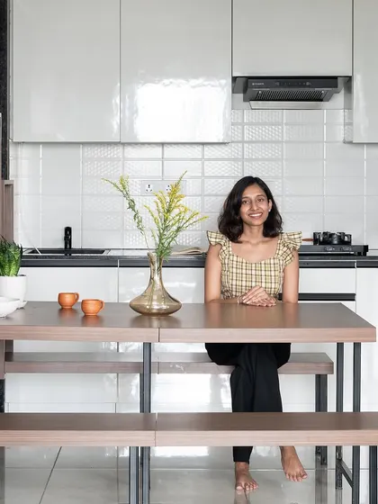 My client Shaila in her new 'Nordic Grey Apartment'. She and her husband had a very clear vision for a minimalist, functional home, and it was a joy to collaborate with them.