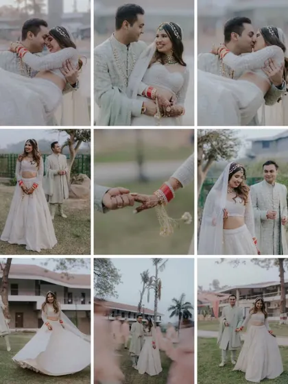A grid collage showcasing nine different romantic and candid portraits from a single couple's wedding day, telling a complete story.