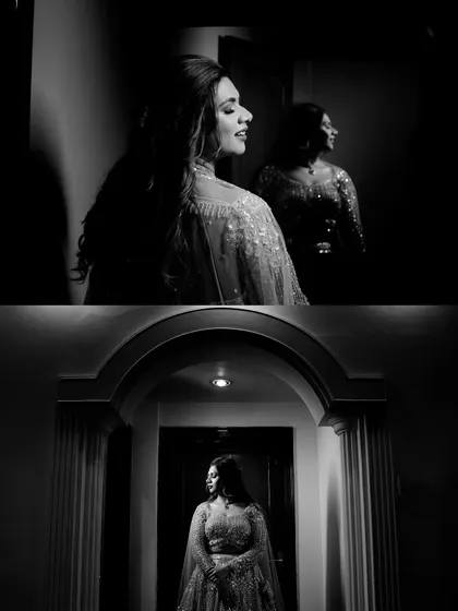 A collage of dramatic black and white portraits. I use shadow and light to create moody, cinematic shots that highlight the bride's elegance and anticipation.