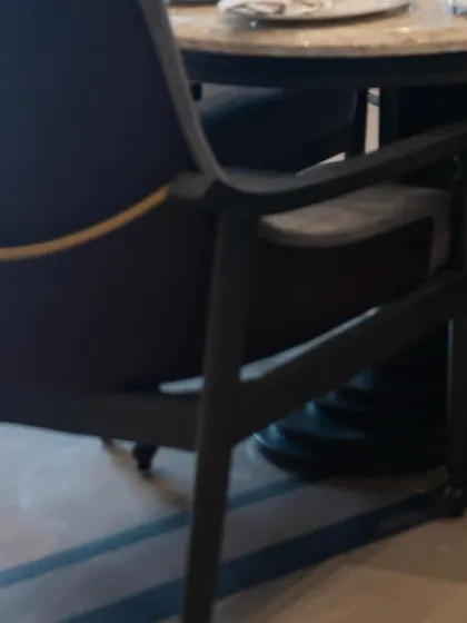 A close-up on the armrest and frame of a dining chair from the Begeterre collection. The combination of materials and finishes adds a subtle layer of luxury.