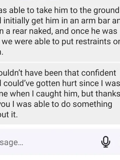 The student explains how he used an armbar and a rear-naked choke to control the situation until help arrived.