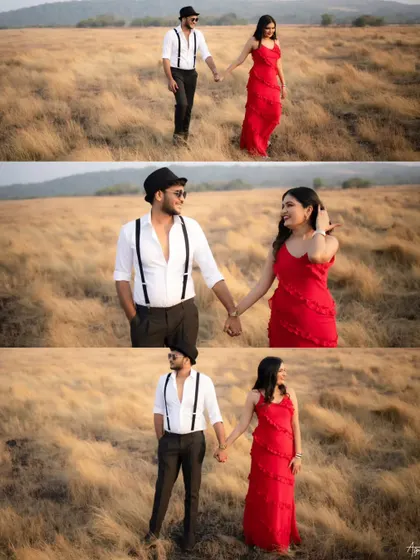 A triptych showing Kunal and Meenakshi walking hand-in-hand through a field at golden hour. The warm light and their happy expressions create a series of beautiful, romantic portraits.