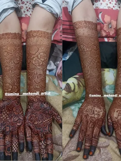 This is an example of my signature full-arm floral mehendi. I love creating dense, intricate patterns with elements like roses, paisleys, and detailed fillers to give you a rich and traditional look for any celebration.