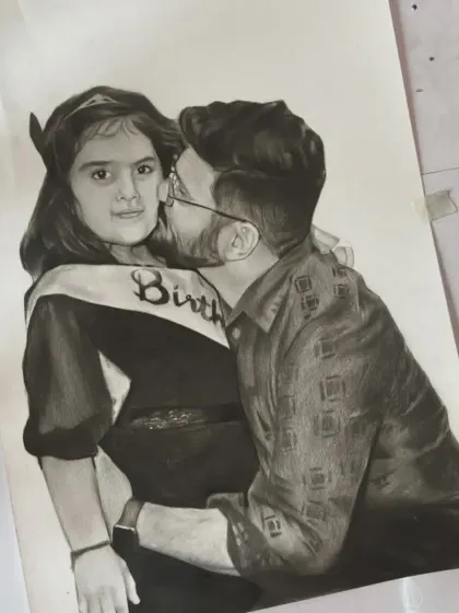 The completed A4 sketch of the father and daughter, showing the full detail of the "Birthday Girl" sash.