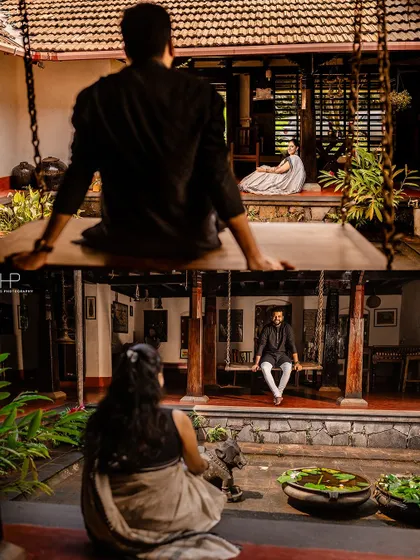 A creative collage showing the couple on a traditional swing from different perspectives. The over-the-shoulder shots create a sense of intimacy and shared space.