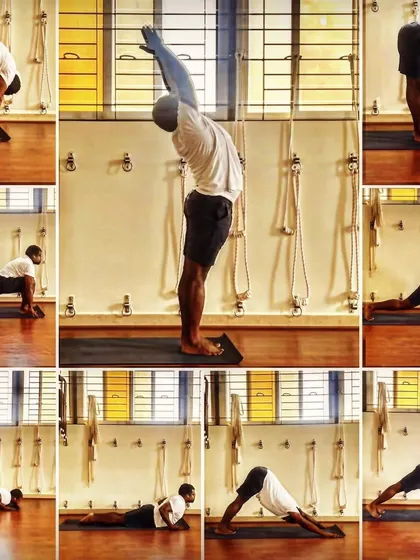 The Surya Namaskara, or Sun Salutation, is a foundational practice for restoring the body's natural circadian rhythm. This collage shows the sequence of alternating bends that awakens the entire system.