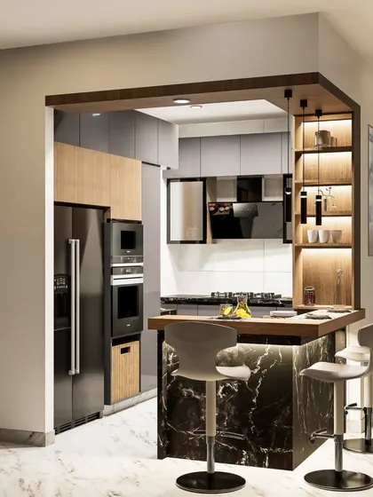 This 3D render showcases a kitchen with a peninsula that includes a breakfast bar and illuminated display shelves. It's a perfect example of a multi-functional design for modern living.