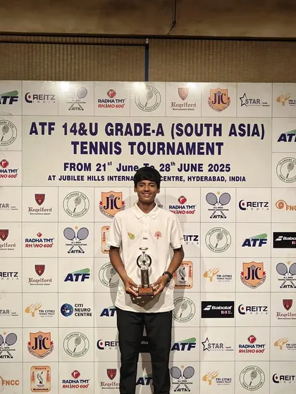 Rishikesh Mane standing proud with his trophy at the ATF Grade A South Asia tournament. Our program focuses on building the mental toughness needed to perform on big stages like this.