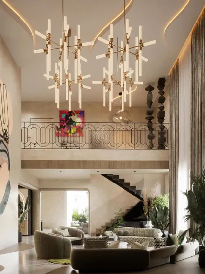 The full scale of the duplex living room in our Kolkata project render, highlighting the interplay between the grand chandeliers, the sweeping staircase, and the double-height marble wall.