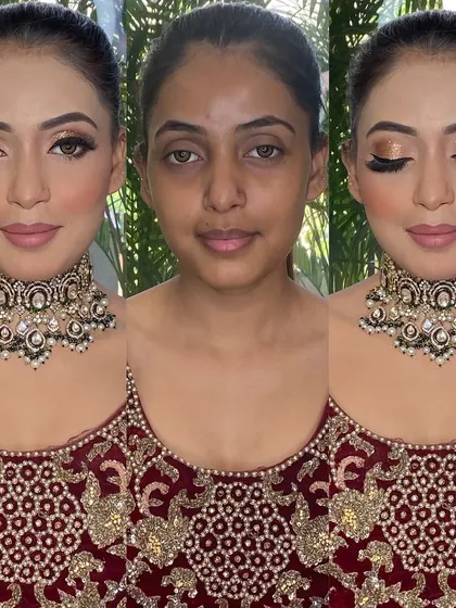 A powerful before-and-after collage showing a complete bridal transformation. This clearly demonstrates the value and skill I bring to my clients and students.