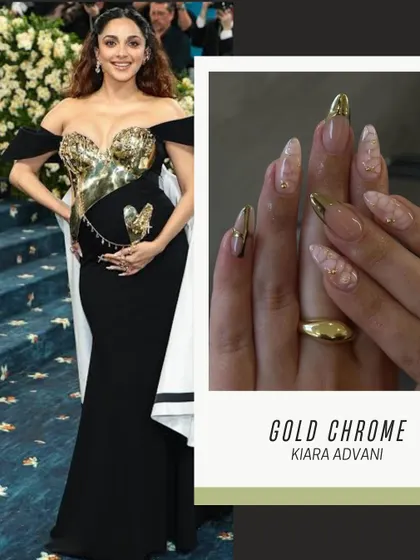Inspired by Kiara Advani's Met Gala look, this set features a sheer base with gold chrome and marble accents, capturing her glamorous red carpet style.