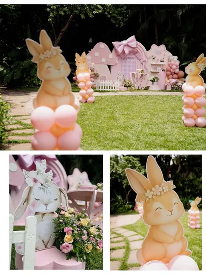 A closer look at the adorable bunny props from our 'Bow & Bunny' theme. From a cute bunny with a flower crown to one nestled in a white picket fence, these details make the party special.