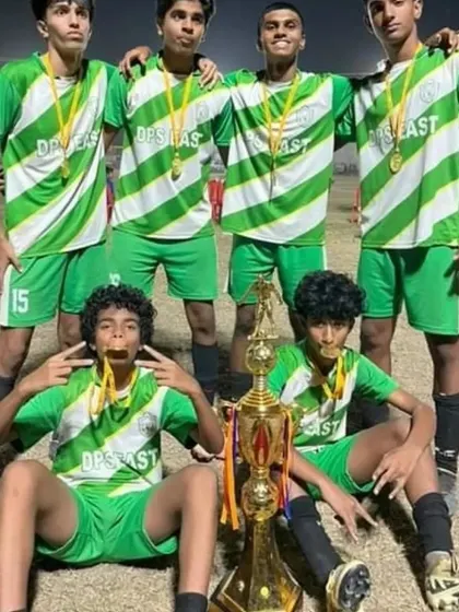 Our six players celebrating with the CBSE Nationals trophy after a successful tournament with their school team, DPS East.