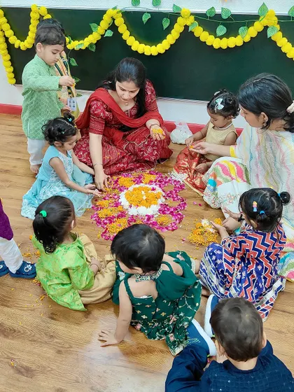Our youngest learners, the Red Caterpillars, making a beautiful flower rangoli for Diwali. This sensory activity is a wonderful way to celebrate the festival of lights.