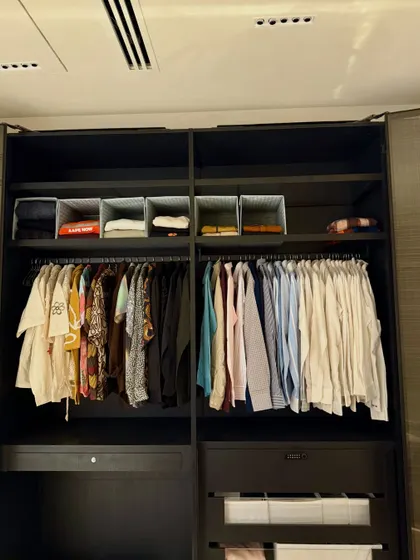 A dark wood wardrobe organized for a gentleman. We've separated casual, colorful shirts from formal button-downs, with folded items stored neatly in bins on the shelves above and below.