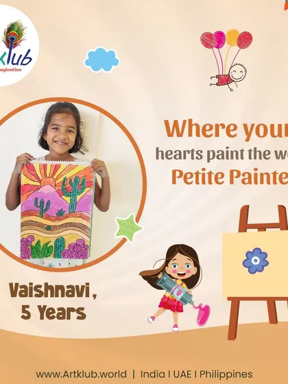 Vaishnavi, age 5, is a petite painter who paints the world with her heart, as seen in this vibrant desert cactus scene.