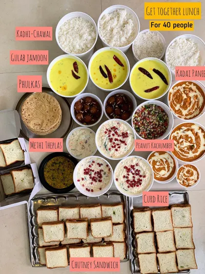 A top-down view of the get-together lunch for 40 people. I love creating these large, colorful spreads that bring people together over good food.