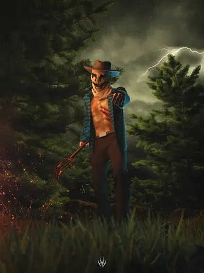 A scarecrow killer character, designed with a sack mask and holding a bloody pitchfork. The stormy forest background and fire embers add to the classic slasher horror atmosphere of the piece.