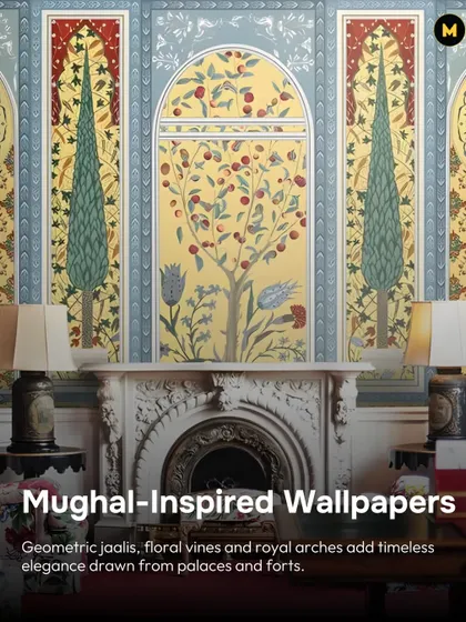 This Mughal-inspired wallpaper uses geometric jaalis, floral vines, and royal arches to add timeless elegance. The design, drawn from palaces and forts, can turn a simple fireplace into a grand focal point.