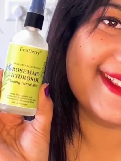 A happy customer holding up our Rosemary Toner. She loves the natural, spa-like scent and the clean, prepped feeling it gives her skin without any harsh chemicals.