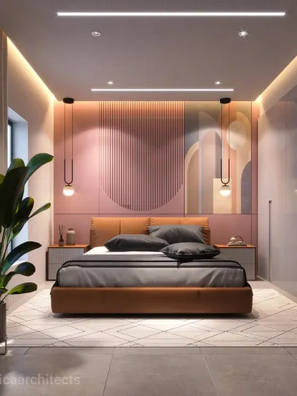 A bedroom design with a playful yet elegant feel, using a palette of pink and terracotta. The custom headboard features geometric shapes and fluted paneling.