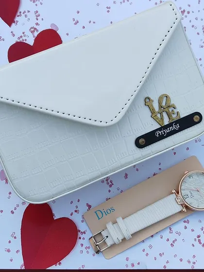 The pure white version of the croc sling bag and watch combo, personalized with a "Love" charm.