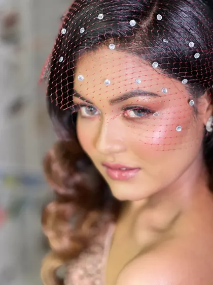 A close-up portrait showing the details of the net veil and the soft, glowing makeup.