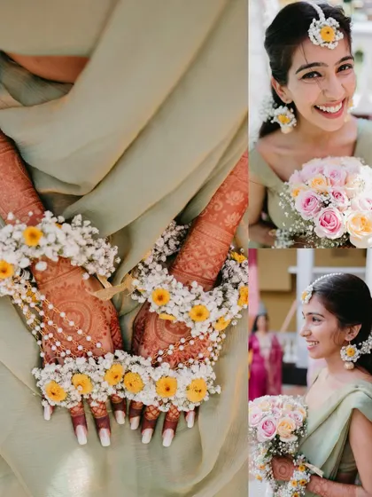 A collage highlighting the bride's fresh and delicate look for her Haldi, focusing on her floral jewelry and soft green saree.