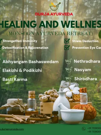 This graphic provides an overview of our Healing and Wellness monsoon retreat. It combines powerful therapies like Abhyangam, Shirodhara, and Nasyam to strengthen immunity and reduce stress.
