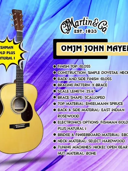 The Martin OMJM John Mayer signature model. This graphic details the specs, including an Engelmann spruce top, East Indian rosewood back and sides, and Fishman Gold Plus electronics for that signature Mayer tone.