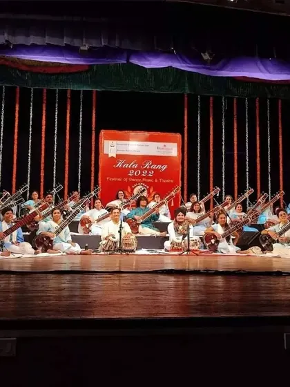 The full Sitar Symphony, led by Pt. Ravi Chary ji, on stage at the Kala Rang festival in Goa. Being part of such a grand and unique orchestral arrangement was incredible.
