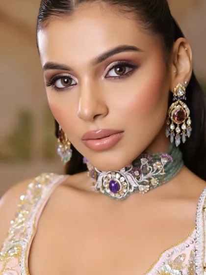 A close-up that showcases the soft, blended eyeshadow and the glossy, natural-looking lips.