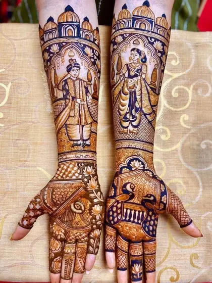 This design combines a Radha-Krishna portrait with peacock and lotus motifs, blending the spiritual and the traditional.