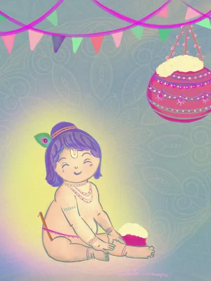 A variation of the baby Krishna artwork with a purple-haired, whimsical take on the beloved deity.