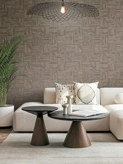 This bark-inspired pattern from Jannelli & Volpi forms a gentle checkerboard, delicately inlaid with metallic accents. It offers a serene blend of nature’s essence and contemporary geometric elegance for a sophisticated living space.
