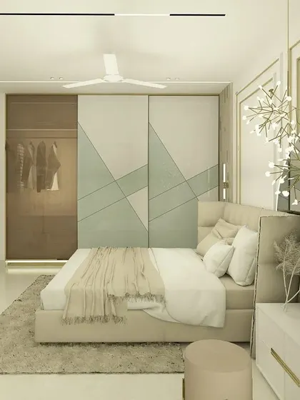 A 3D render of a serene and elegant bedroom. The design features a neutral color palette, a statement chandelier, and a custom wardrobe with geometric patterns, showing how I visualize a space before execution.