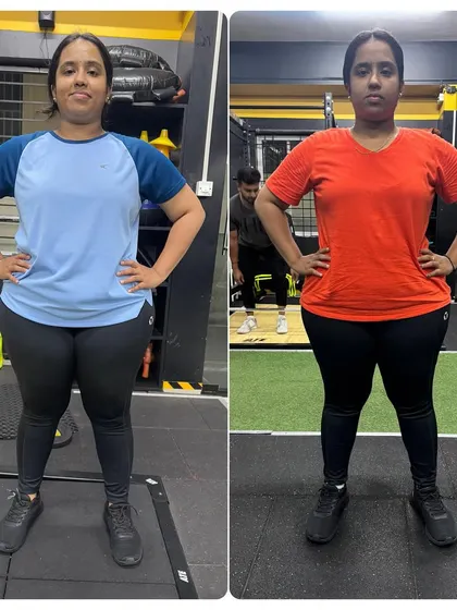 The front view of a two-month progression. You can see the changes in her waist and overall body shape. We have more to learn and more to achieve.