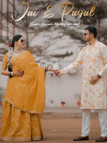 A classic portrait of the couple from their Haldi ceremony, holding hands and ready to begin their journey together. The image is titled with their names, making it a personal keepsake.